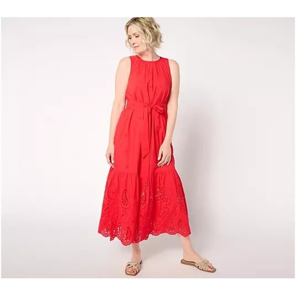 Destination 365 Women's Petite Dress PM Eyelet Sleeveless Maxi Self Red